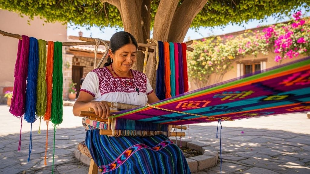 Traditional Mexican artisan weaving colorful eco-friendly fabric on backstrap loom outdoors
