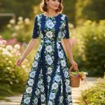 Woman wearing navy blue floral dress with vertical print placement creating elongating effect