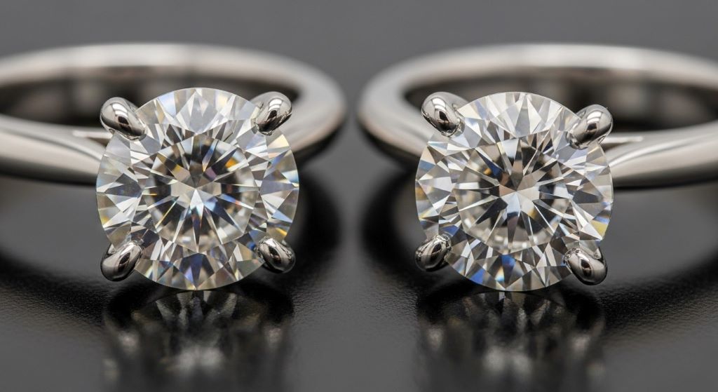Close-up comparison of moissanite and lab-grown diamond engagement rings showing brilliant sparkle and clarity on display