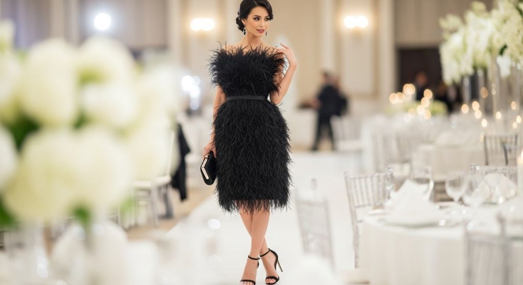 Elegant woman wearing black feather cocktail dress with strappy heels and simple clutch at formal wedding reception