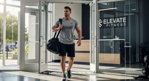Man carrying black duffel gym bag over shoulder walking into fitness center