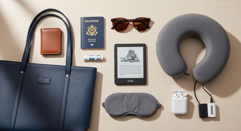 Neatly packed travel tote bag with pouches, water bottle, and travel essentials laid out flat