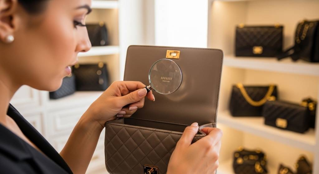 Dallas fashion enthusiast inspecting luxury purse identification marks