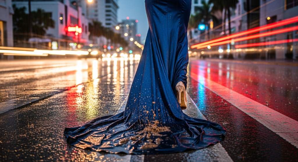 Miami evening fashion during tropical rainy weather