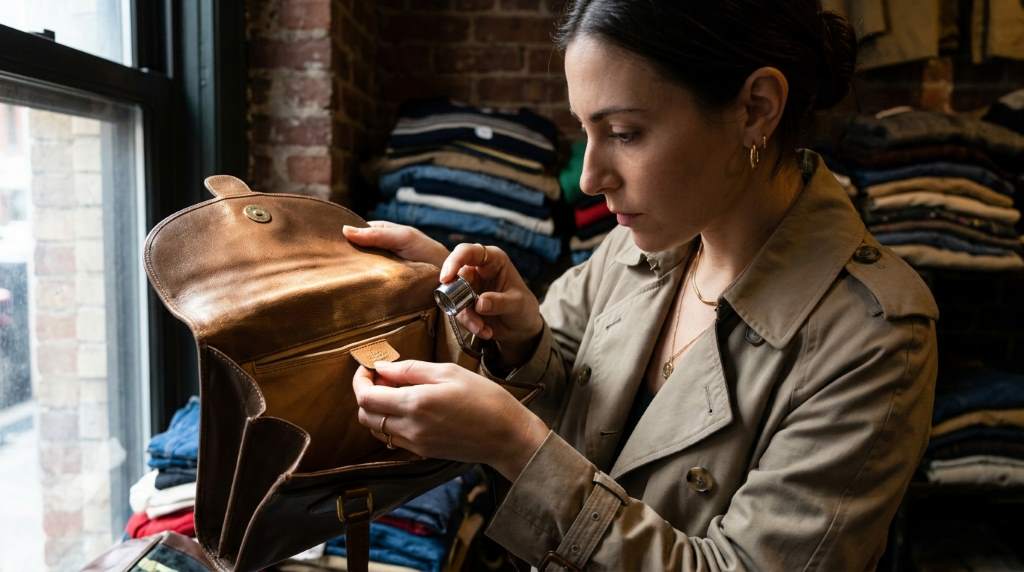 Vintage handbag collector examining factory labels in New York boutique
