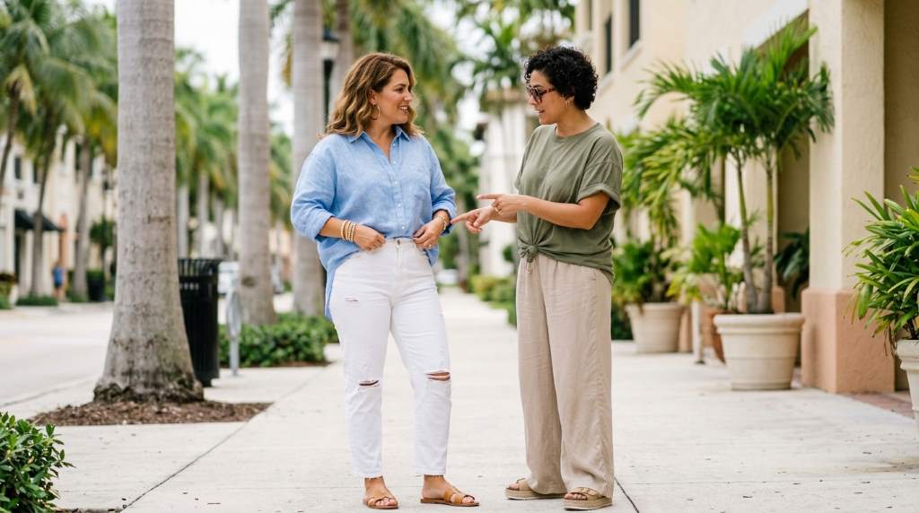 Woman in Miami using a front tuck hack with an oversized linen shirt and denim shorts near the beach