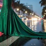 Woman lifting evening gown while walking on rainy Miami street
