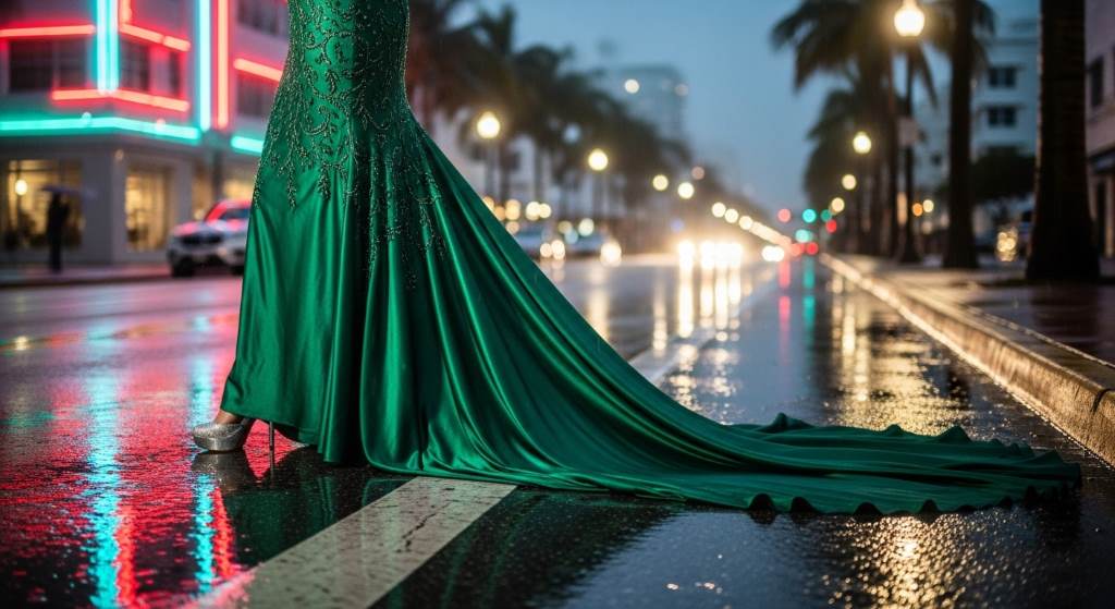 Woman lifting evening gown while walking on rainy Miami street