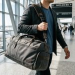 A person carrying a charcoal grey travel duffel bag through a modern airport terminal.