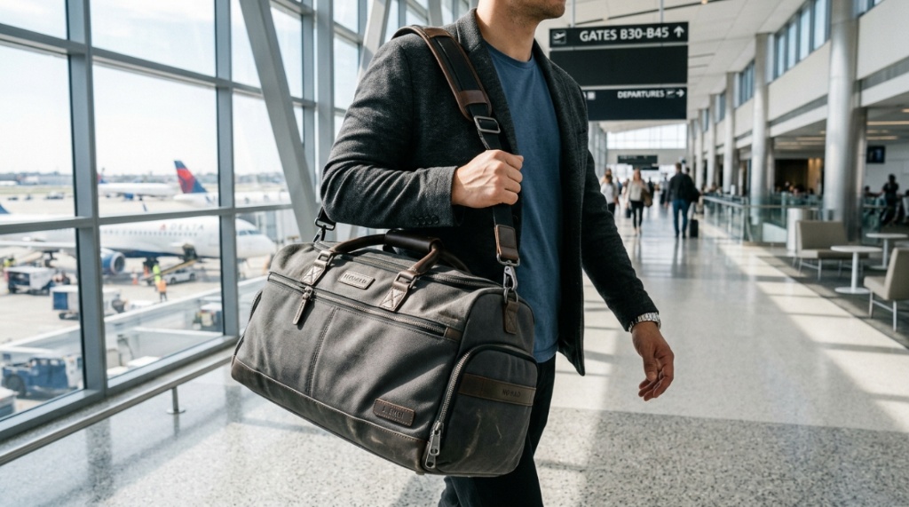 A person carrying a charcoal grey travel duffel bag through a modern airport terminal.