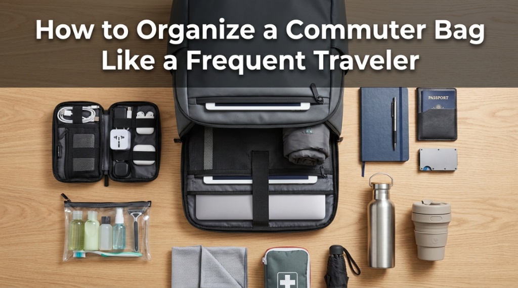 Flat lay of open commuter backpack with text overlay reading how to organize a commuter bag like a frequent traveler.