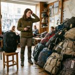 A traveler comparing a pile of poor quality luggage with a proper travel backpack.