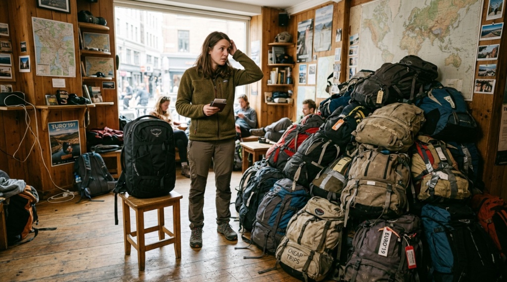 A traveler comparing a pile of poor quality luggage with a proper travel backpack.
