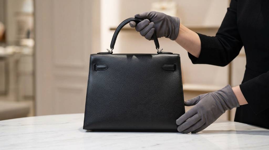 Authentic pre owned luxury purse leather inspection