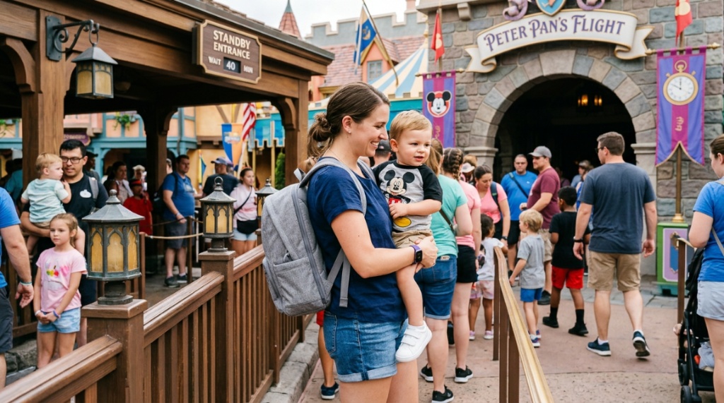 Compact diaper bag unzipped on a Disney hotel bed with organized baby essentials.